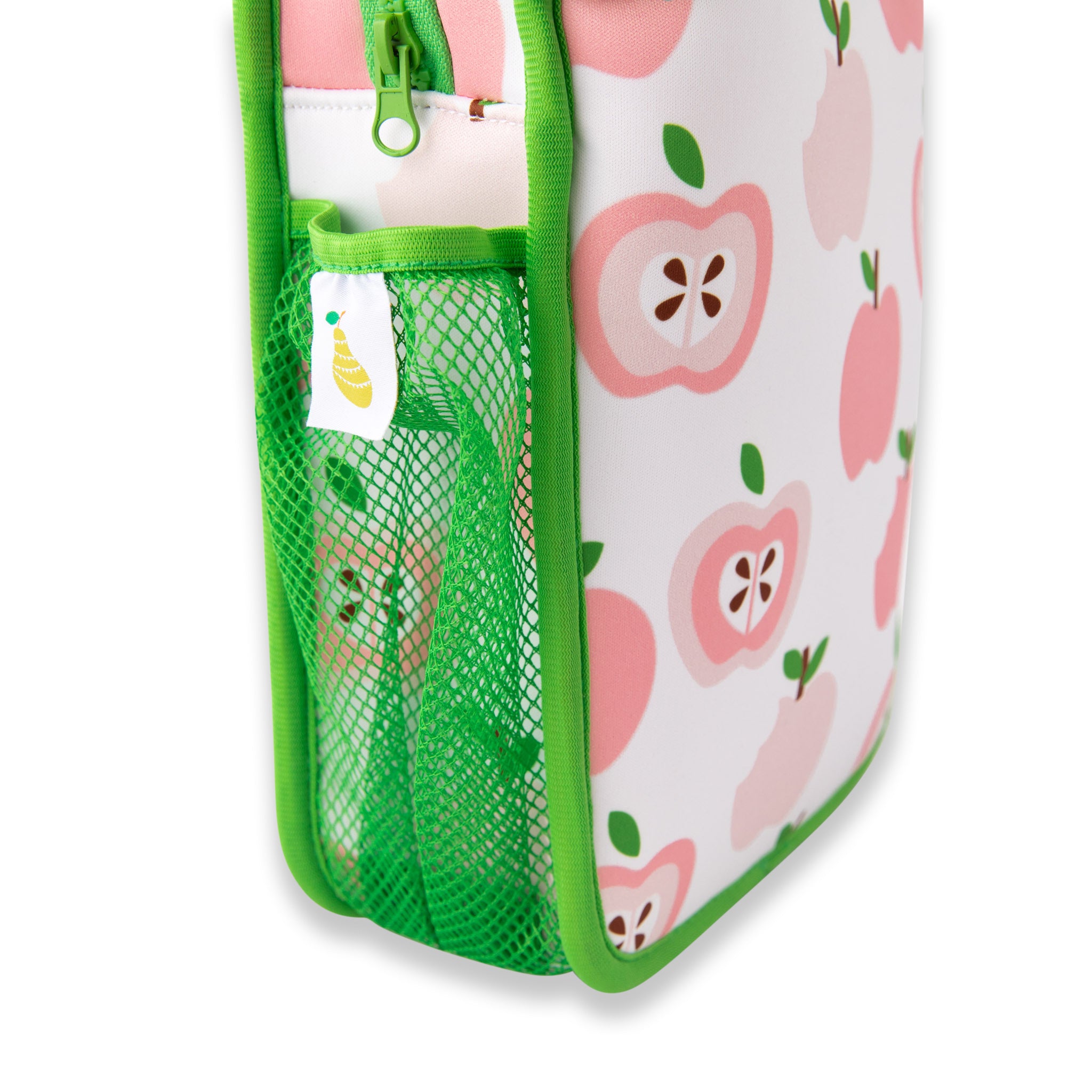 neoprene insulated lunch bag with light pink apple print and bright green binding - nudie rudie lunch box 