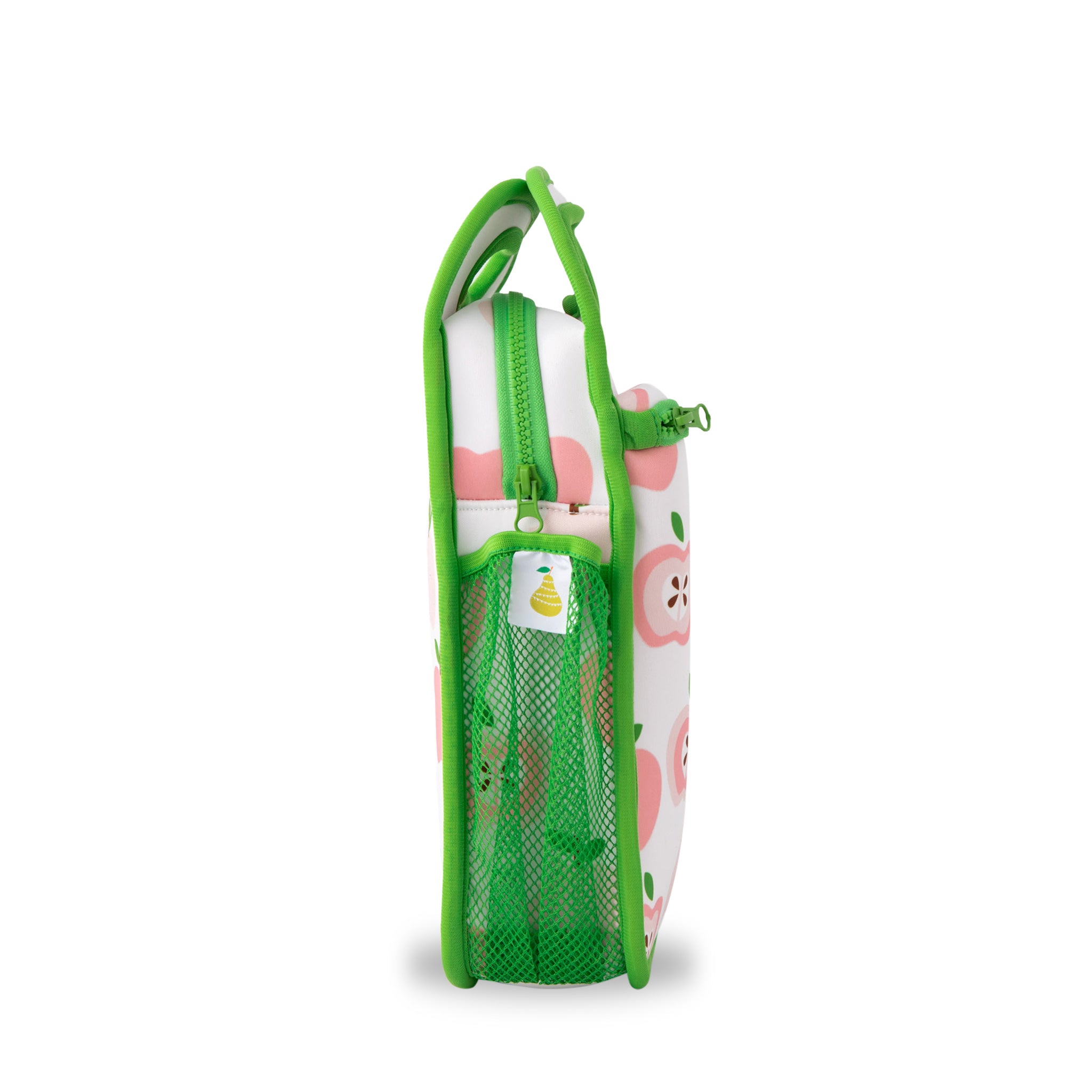 neoprene insulated lunch bag with light pink apple print and bright green binding - nudie rudie lunch box 