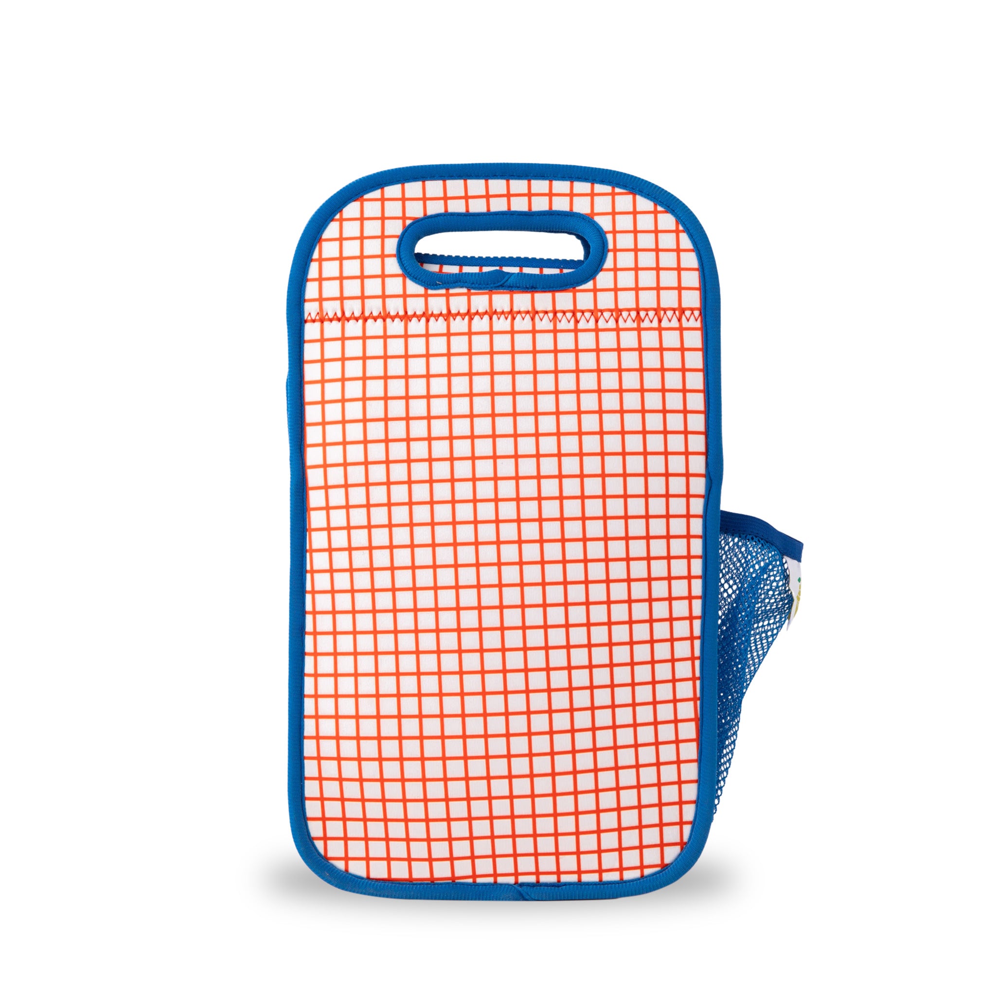 neoprene insulated lunch bag bright orange grid pattern and bright blue binding - nudie rudie lunch box