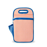 neoprene insulated lunch bag bright orange grid pattern and bright blue binding - nudie rudie lunch box