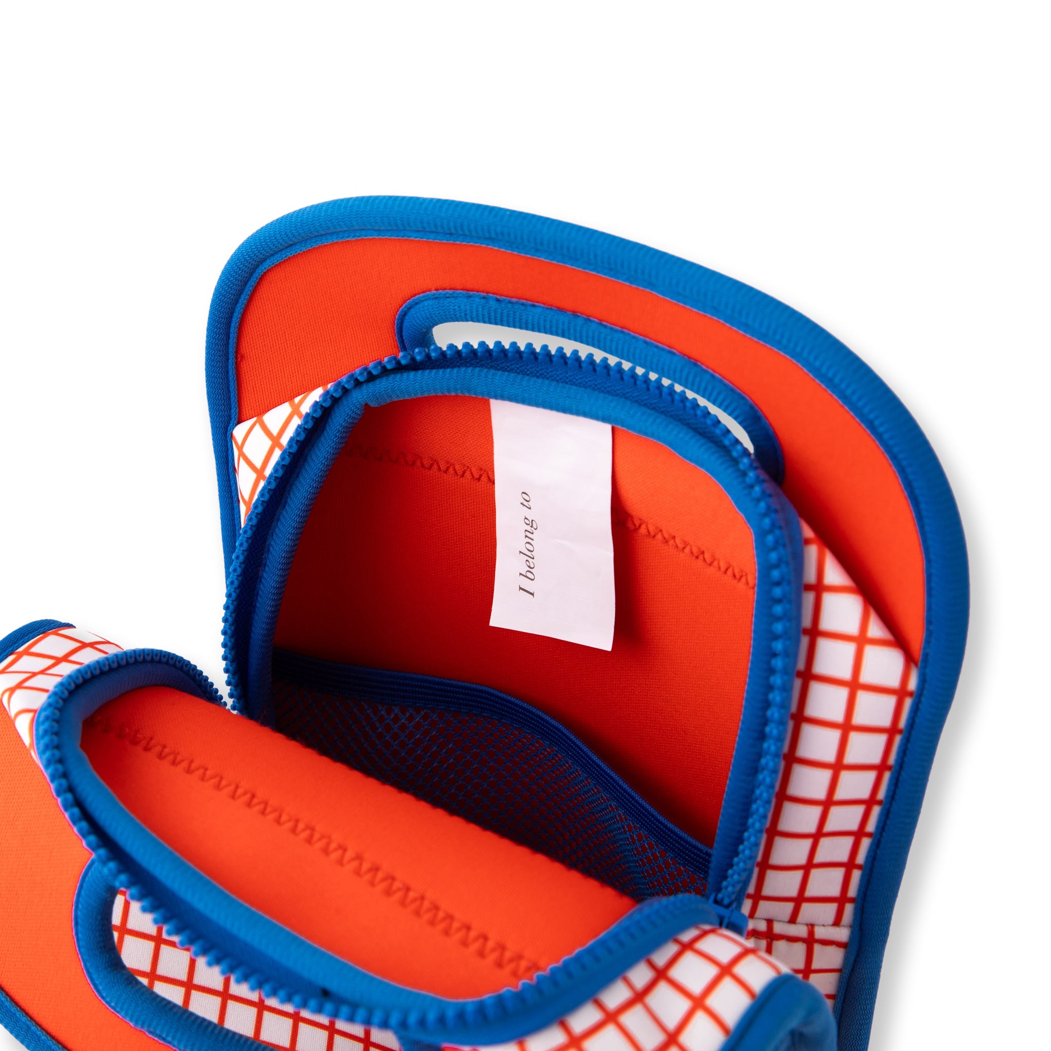 neoprene insulated lunch bag bright orange grid pattern and bright blue binding - nudie rudie lunch box