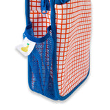 neoprene insulated lunch bag bright orange grid pattern and bright blue binding - nudie rudie lunch box