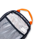 navy insulted kids lunch bag with bright orange handles - nudie rudie lunch box 