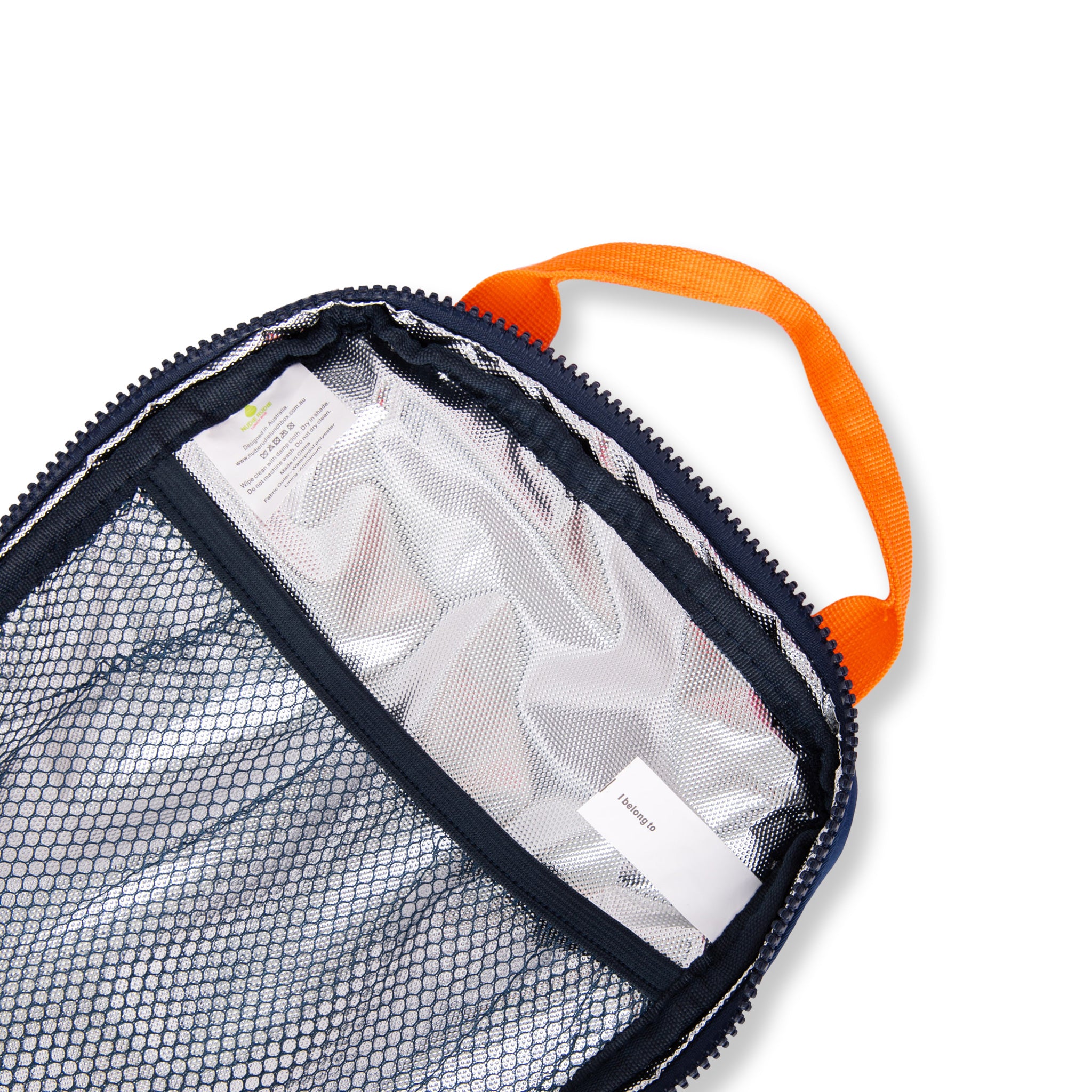 navy insulted kids lunch bag with bright orange handles - nudie rudie lunch box 