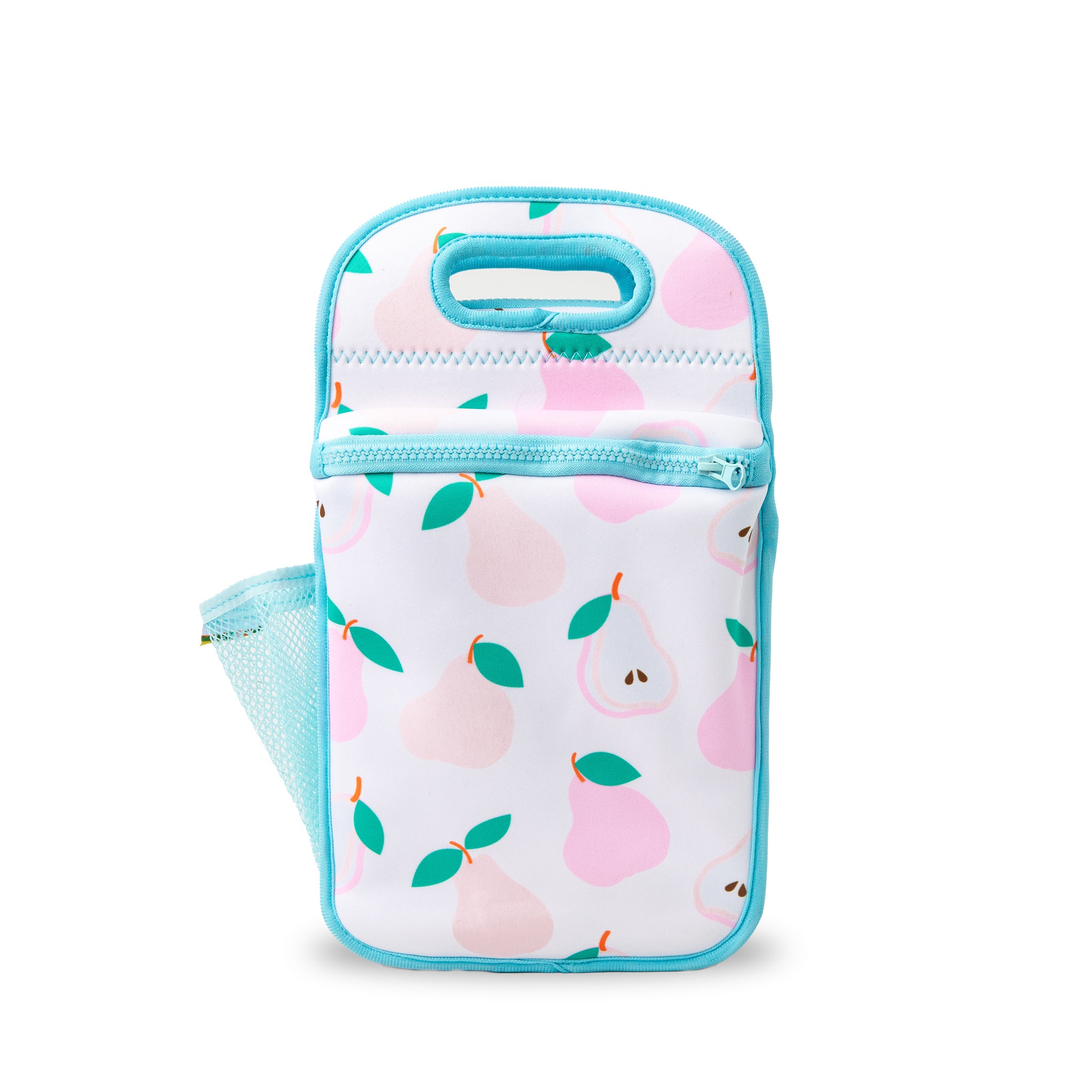 PINK PEARS WITH CONTRASTING LIGHT BLUE BINDING insulated neoprene lunch bags for kids - nudie rudie lunch box