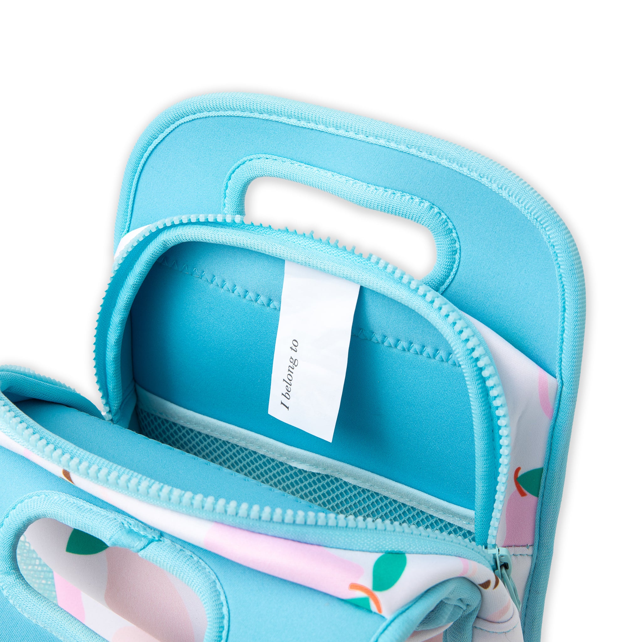 PINK PEARS WITH CONTRASTING LIGHT BLUE BINDING insulated neoprene lunch bags for kids - nudie rudie lunch box