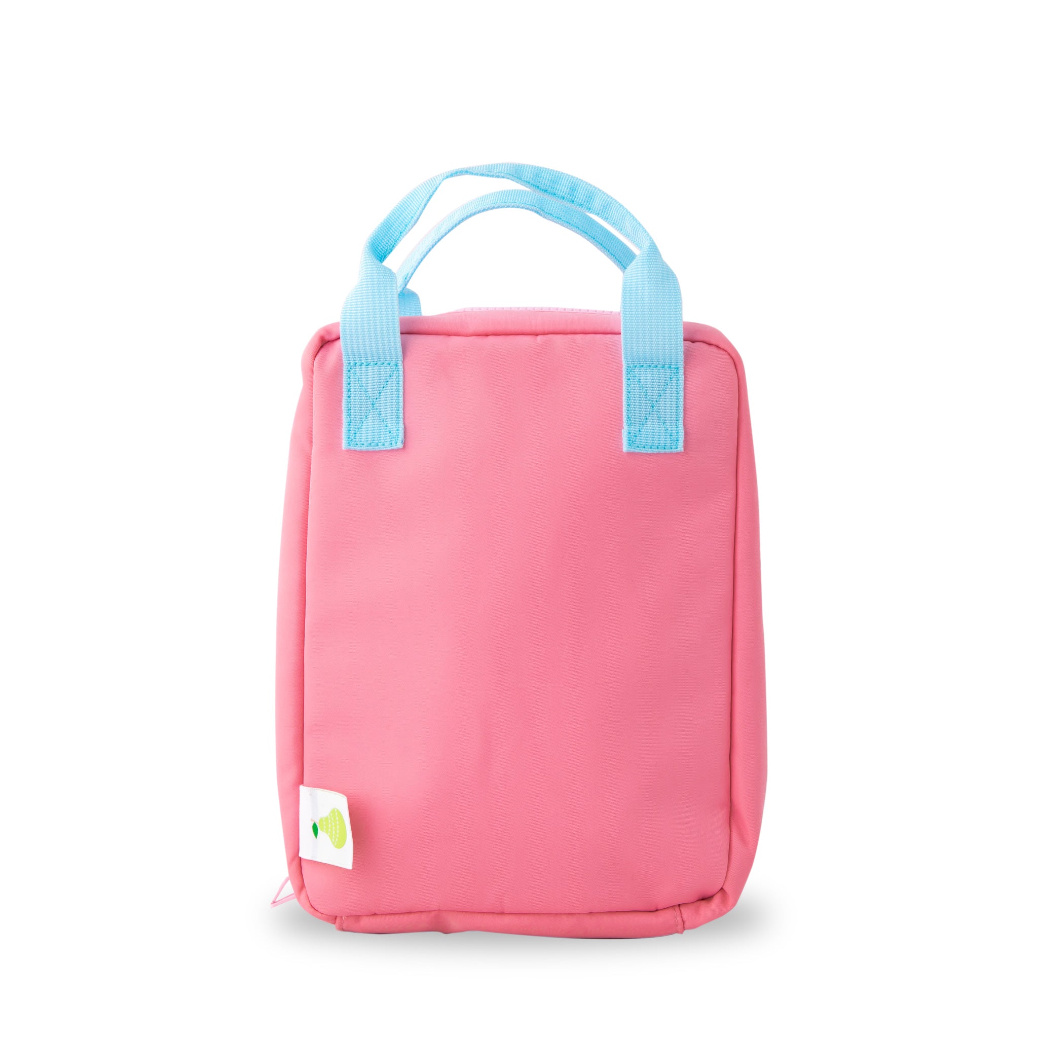light pink insulated lunch bag with light blue handles - nudie rudie lunch box