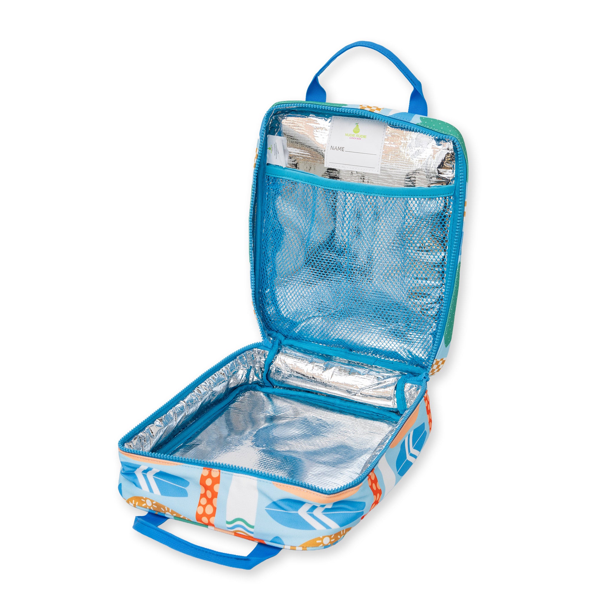 jumbo sized lunch bag with vintage surfboard print  inside showing aluminium lining