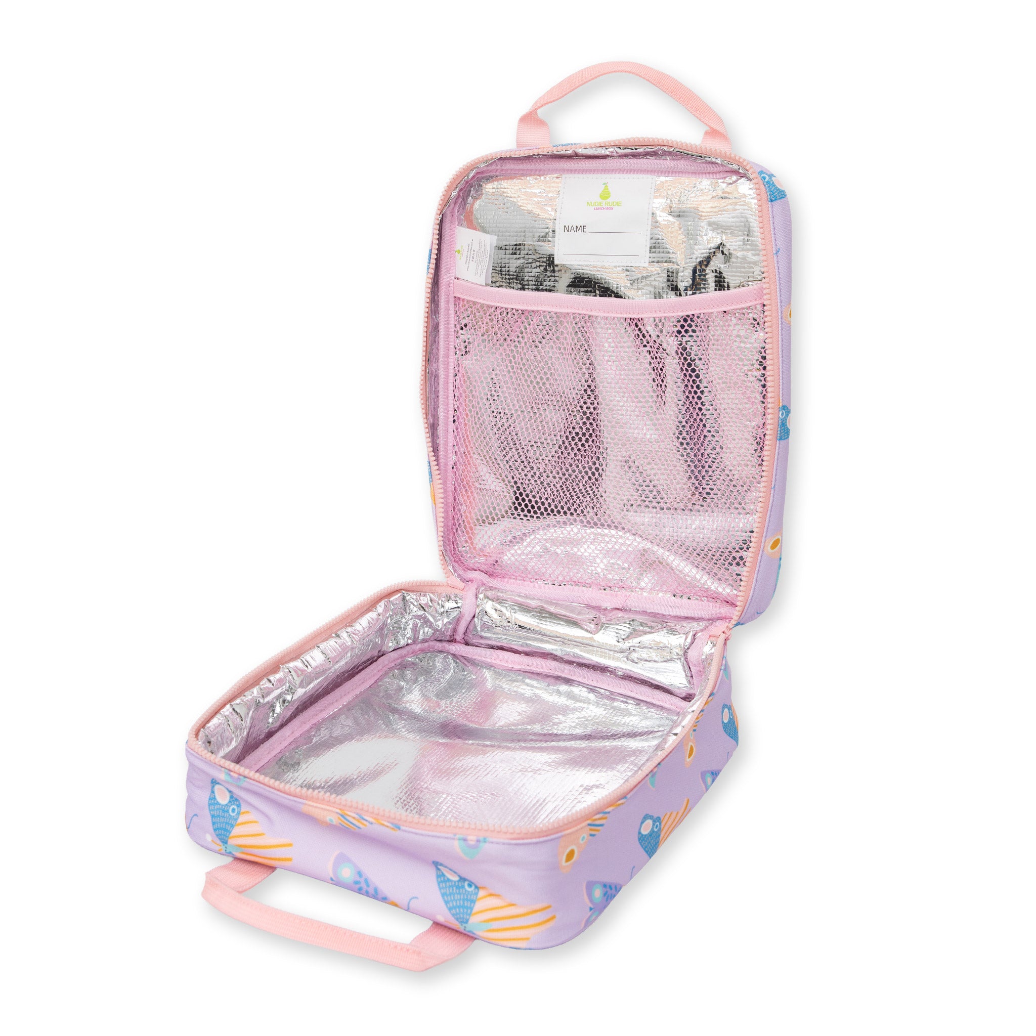 jumbo sized lunch bag with scandi butterfly print on light purple background inside showing aluminium lining