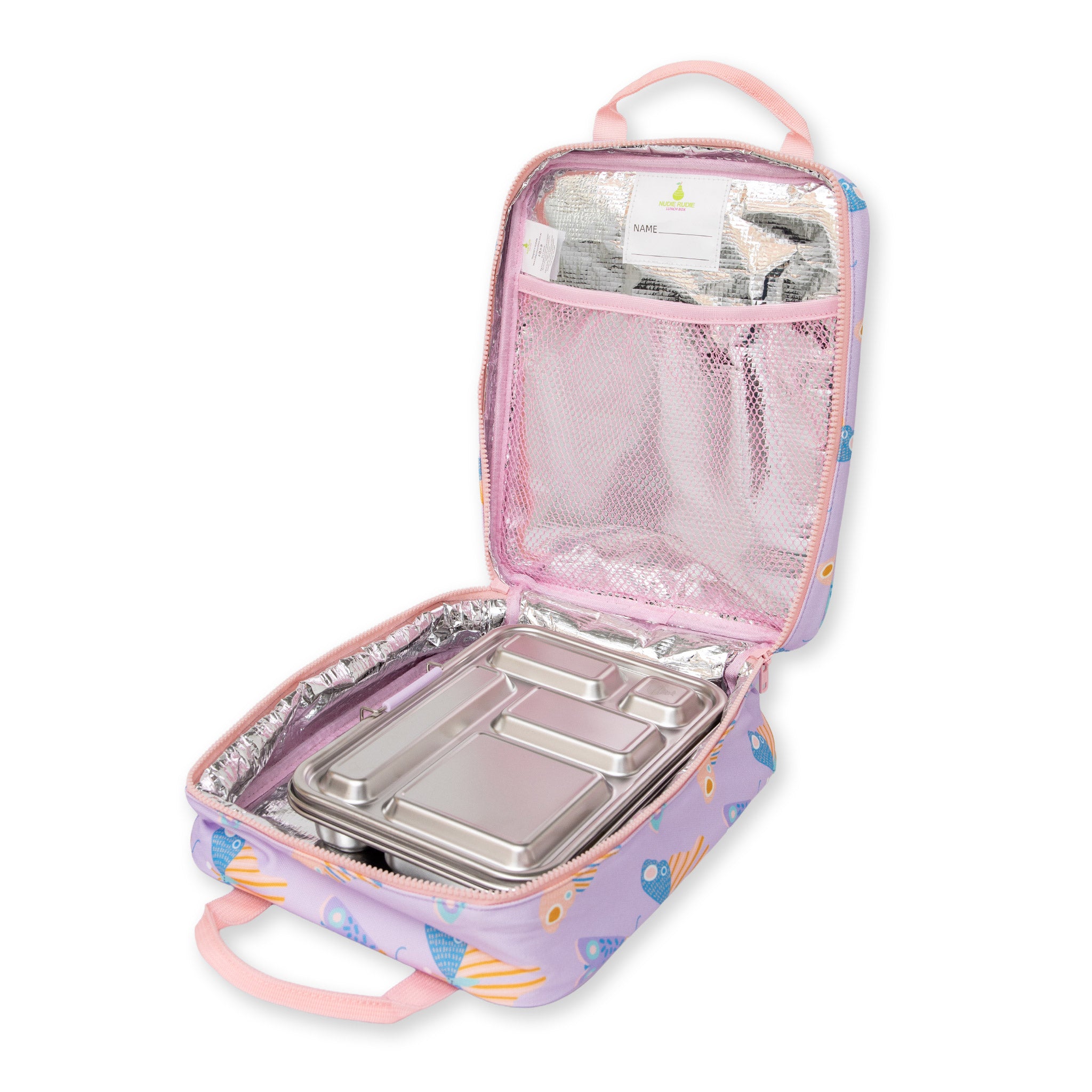 jumbo sized lunch bag with scandi butterfly print on light purple background showing inside with aluminium lining and 5 compartment stainless steel lunch box