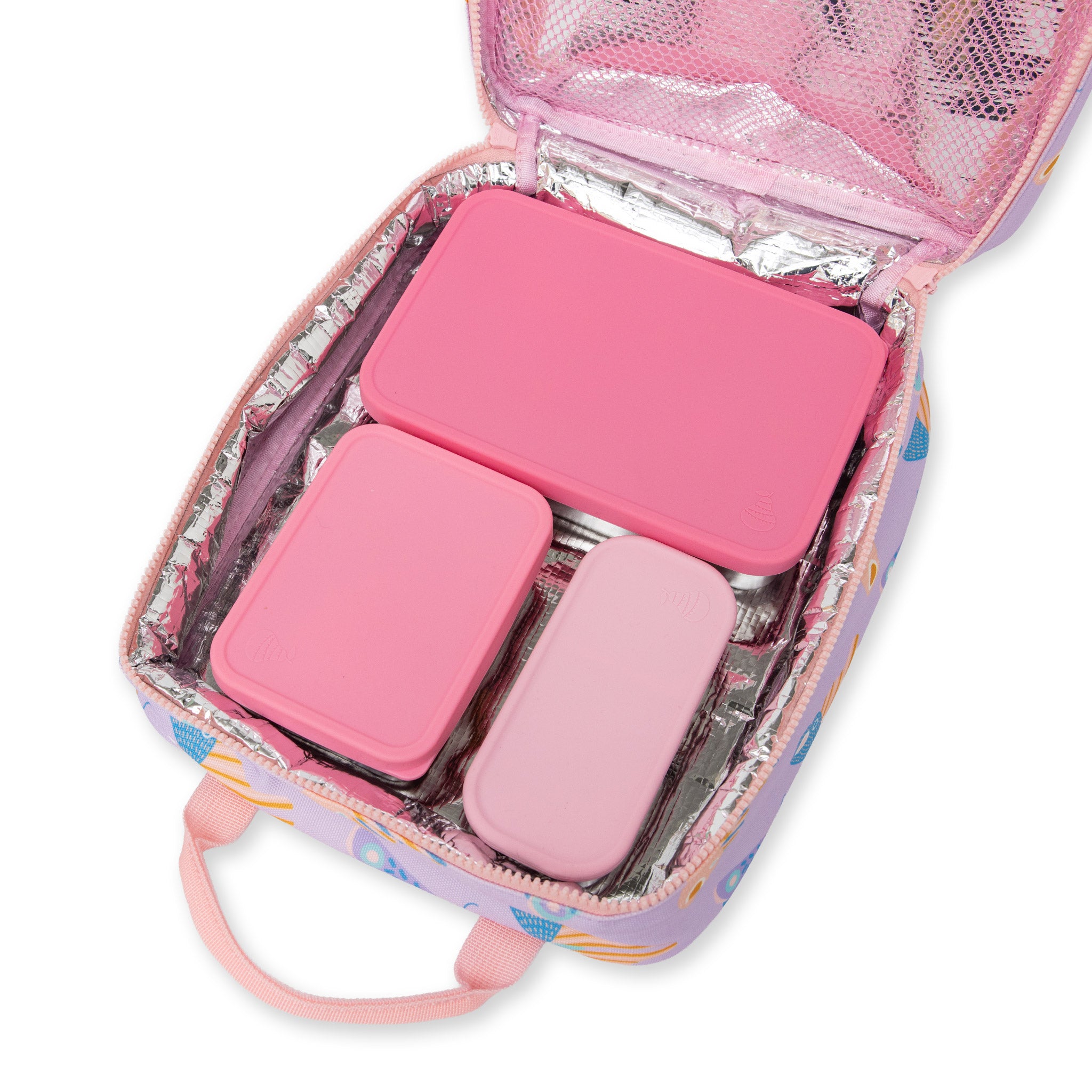 jumbo sized lunch bag with scandi butterfly print on light purple background showing inside with aluminium lining and modular lunch box set