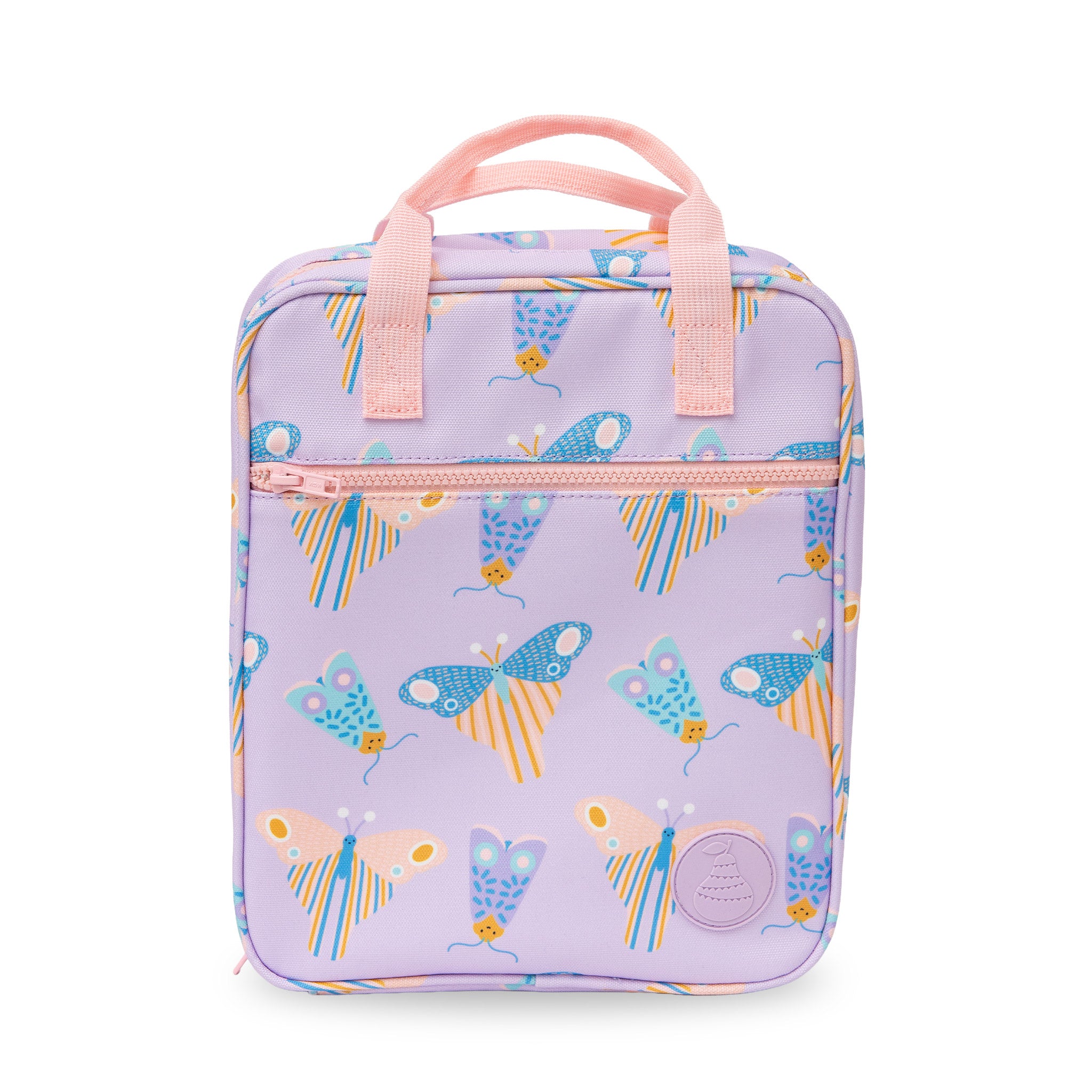 jumbo sized lunch bag with scandi butterfly print on light purple background