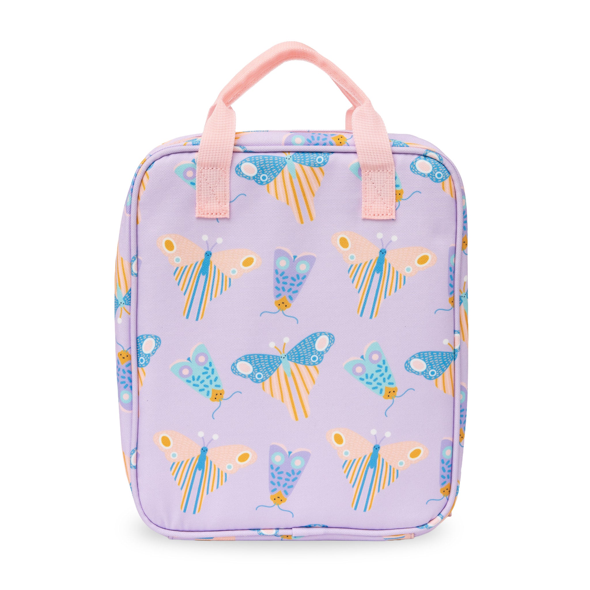 jumbo sized lunch bag with scandi butterfly print on light purple background from the back 