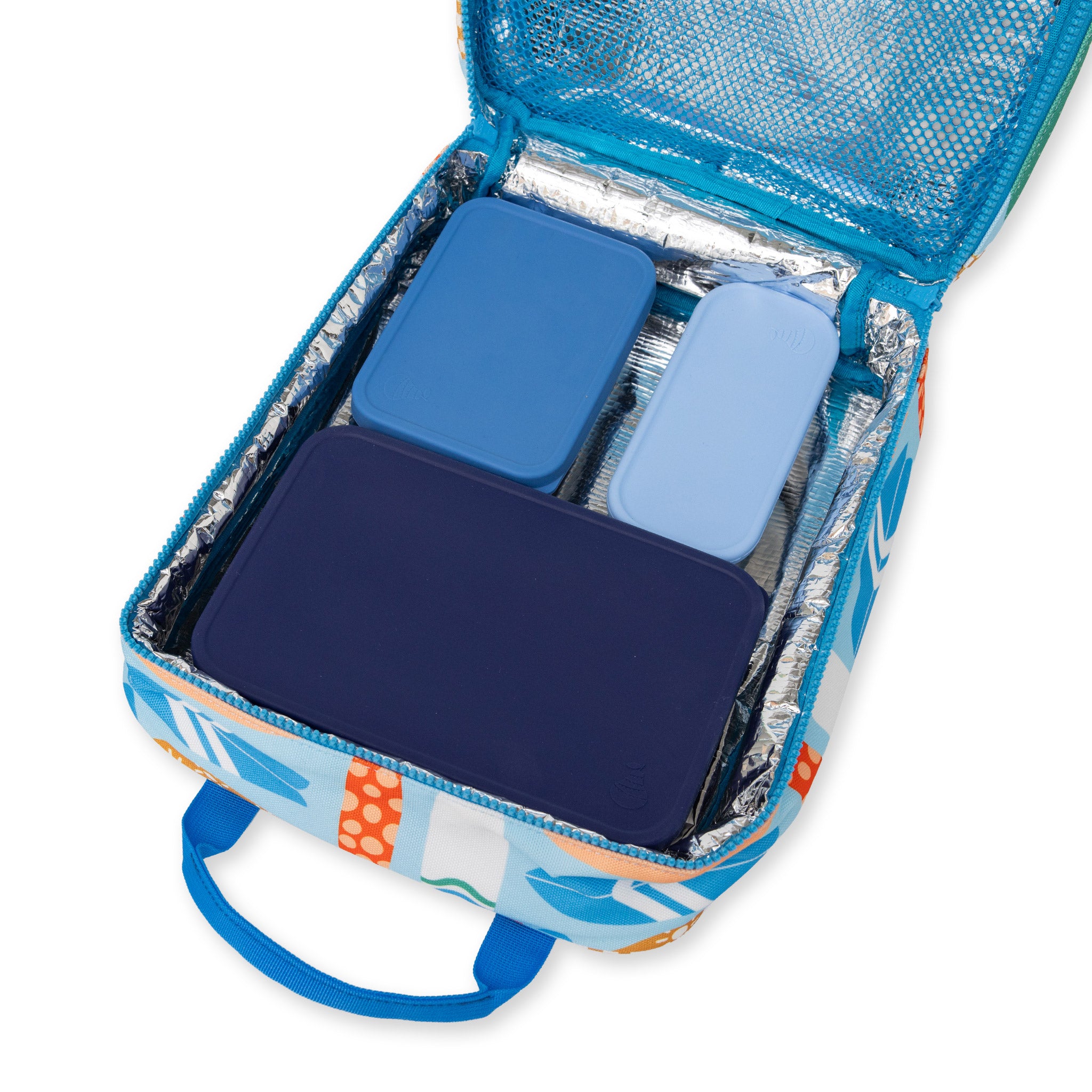 jumbo sized lunch bag with vintage surfboard print showing modular range in blue 