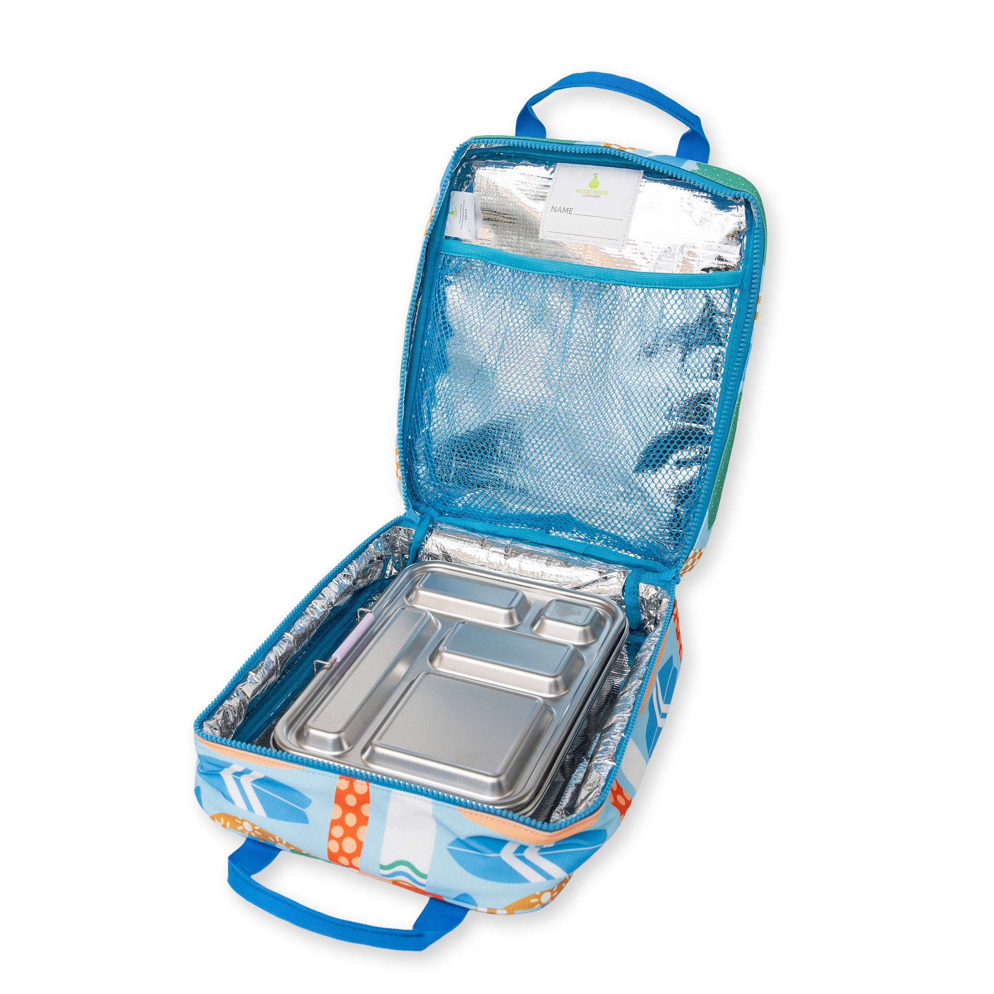 jumbo sized lunch bag with vintage surfboard print inside showing aluminium lining and 5 c lunch box