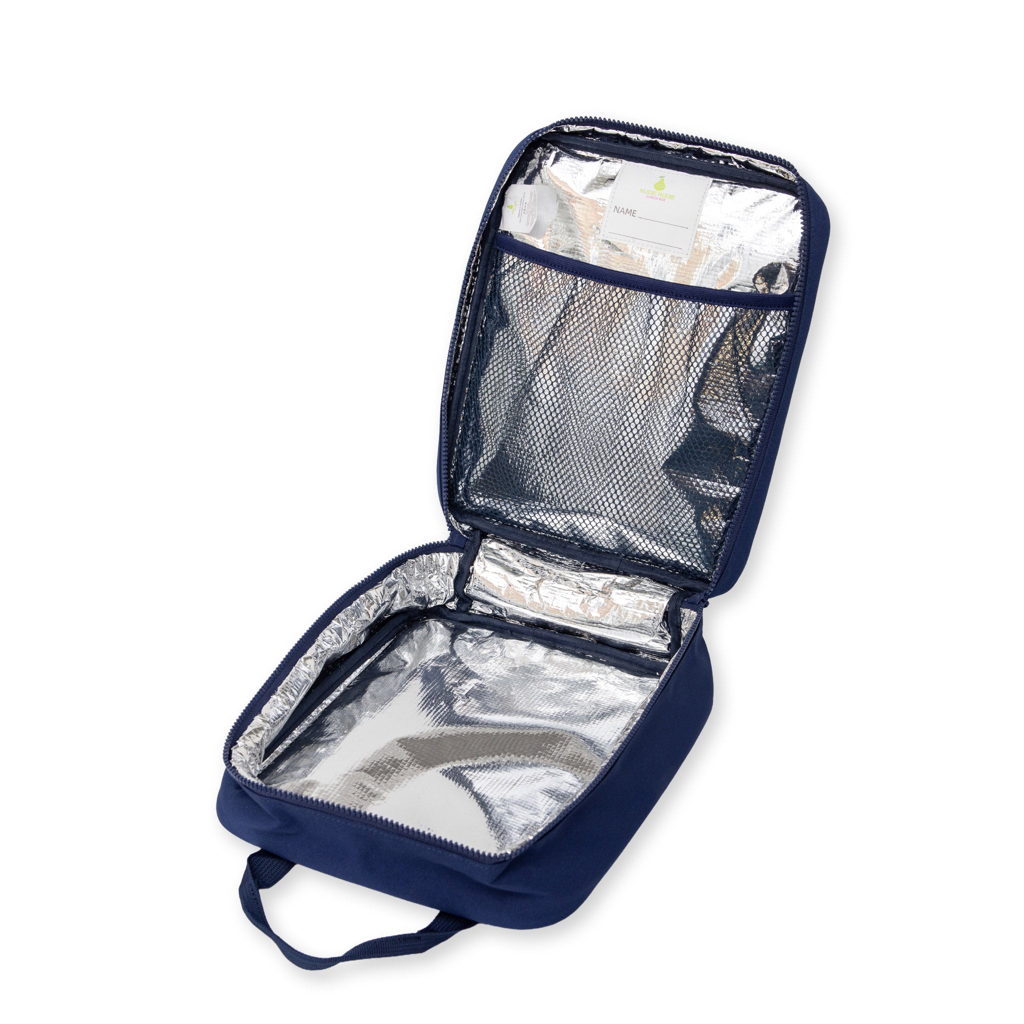 Navy Jumbo lunch bag   inside showing silver aluminium lining 