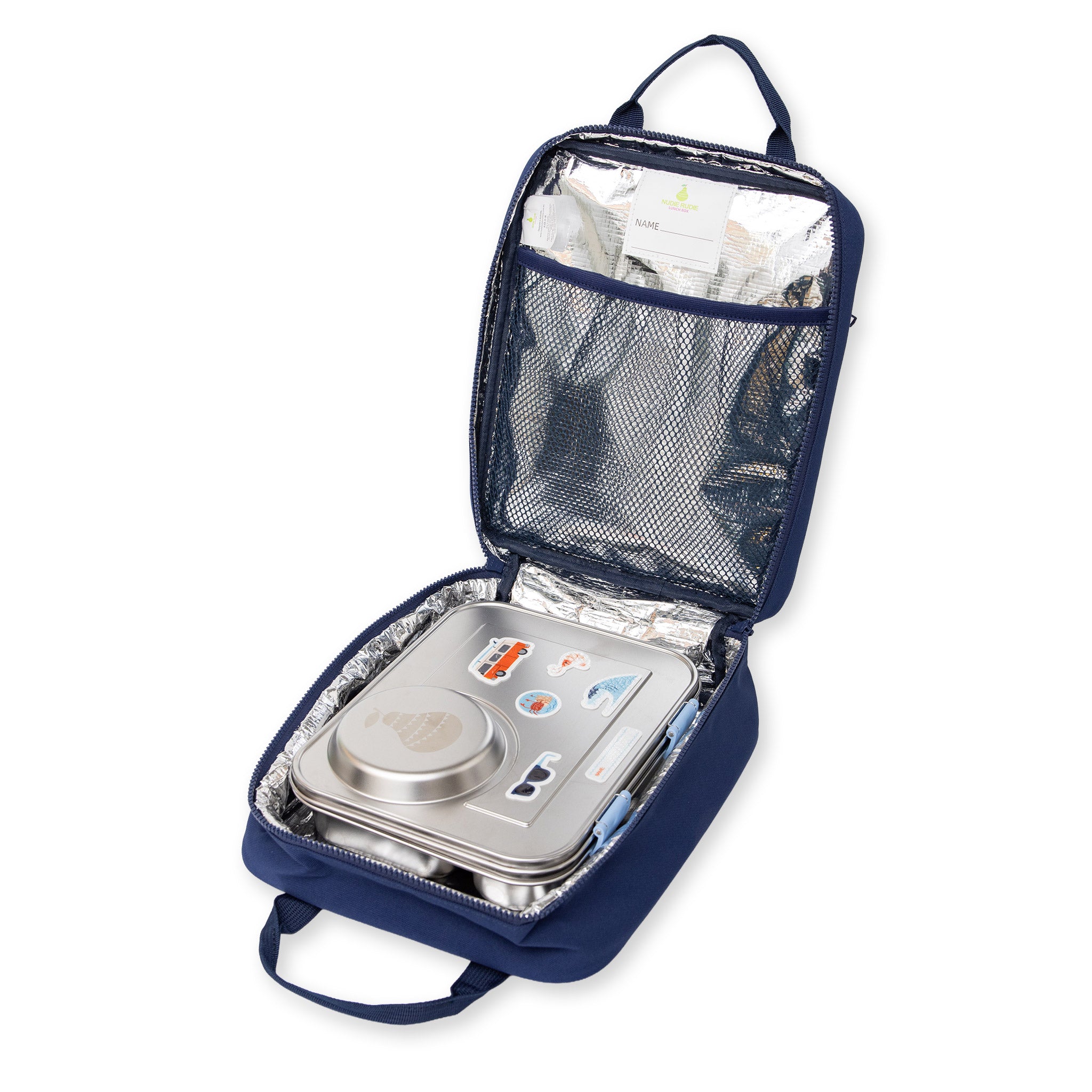 Navy Jumbo lunch bag showing the inside with  a hero box 