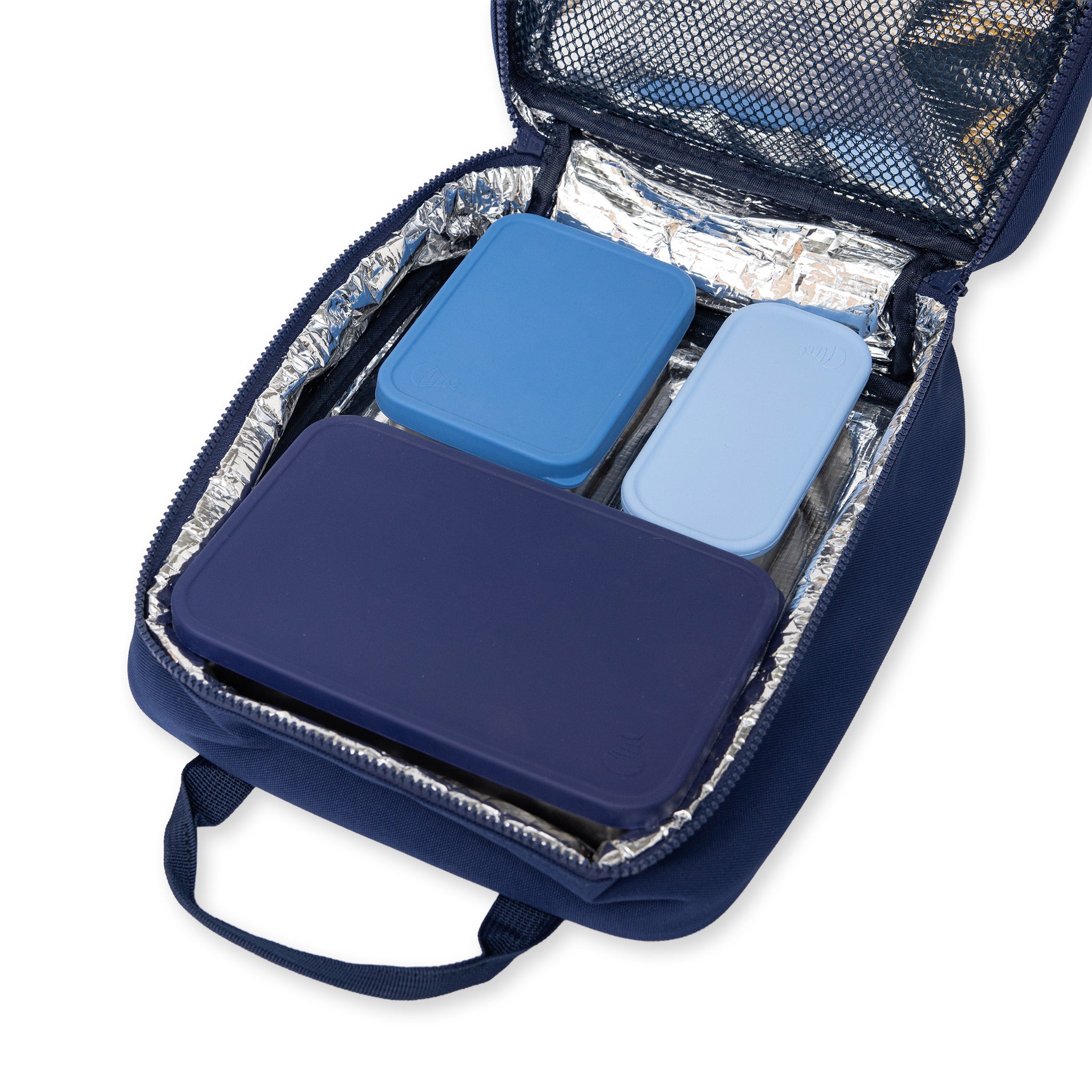 Navy Jumbo lunch bag inside view with 3 x modular containers 