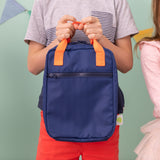 navy insulted kids lunch bag with bright orange handles - nudie rudie lunch box 