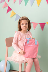 light pink insulated lunch bag with light blue handles - nudie rudie lunch box