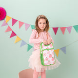 neoprene insulated lunch bag with light pink apple print and bright green binding - nudie rudie lunch box 