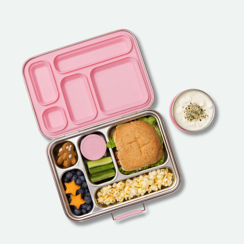 leak proof five compartment stainless steel lunch box with pink coloured silicone seals, lids full of food
