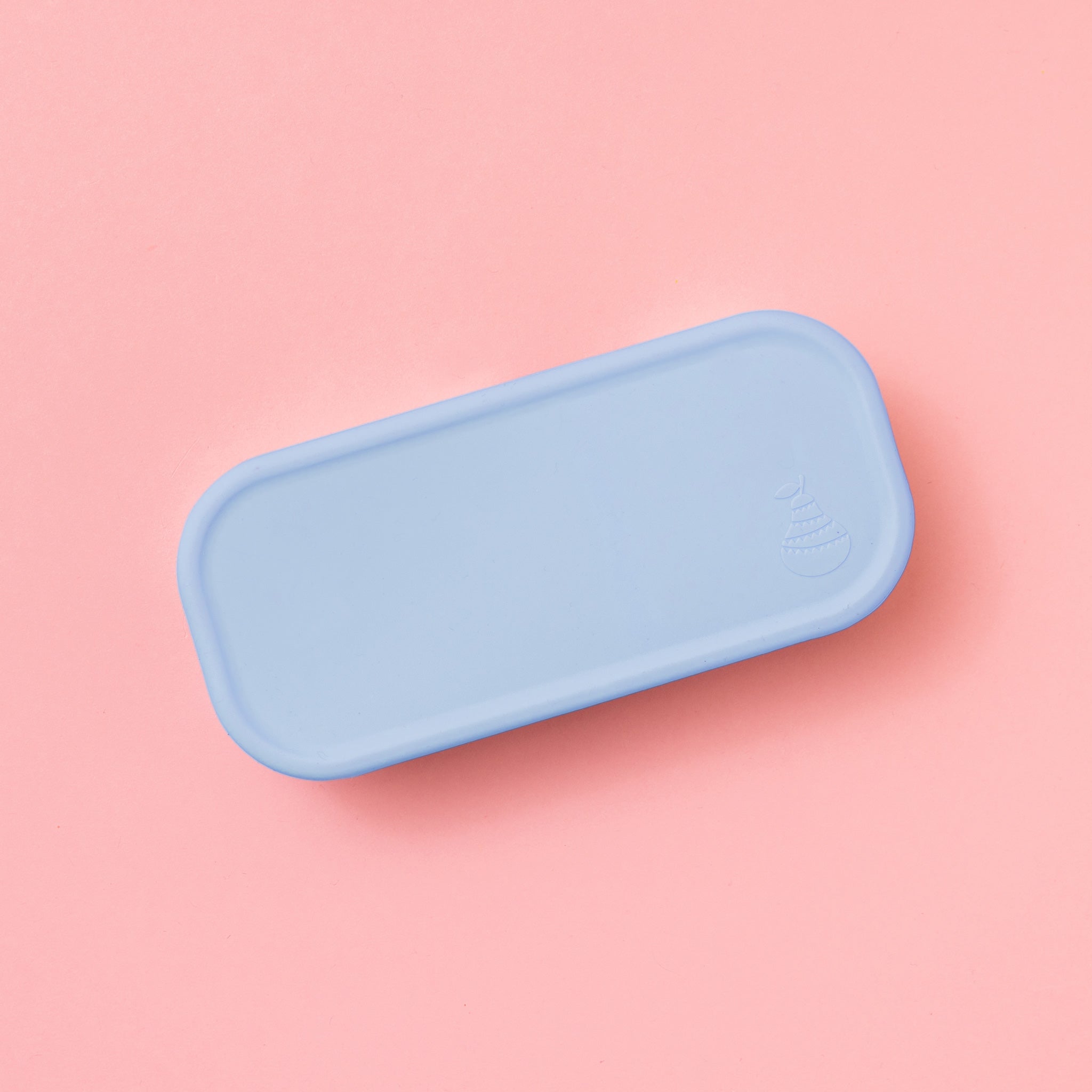 two compartment stainless steel snack container with light blue silicone lid and pear logo embossed from above 