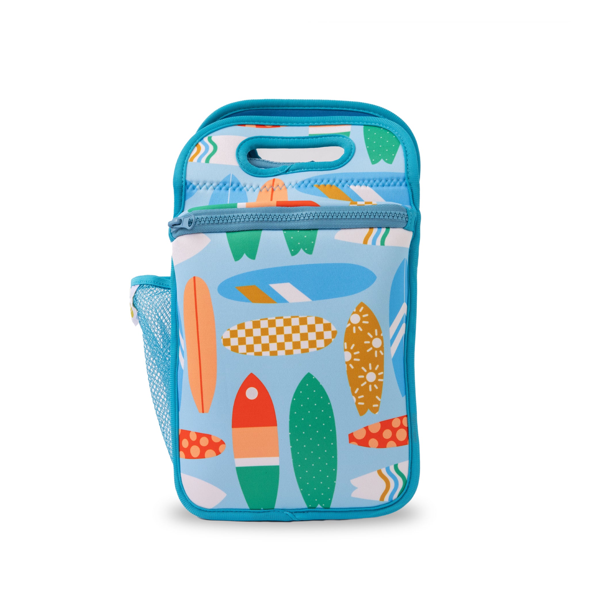 retro surfboard print on light blue neoprene background with contrasting bright blue trim and interior 