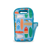 retro surfboard print on light blue neoprene background with contrasting bright blue trim and interior 