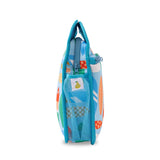 retro surfboard print on light blue neoprene background with contrasting bright blue trim and interior 