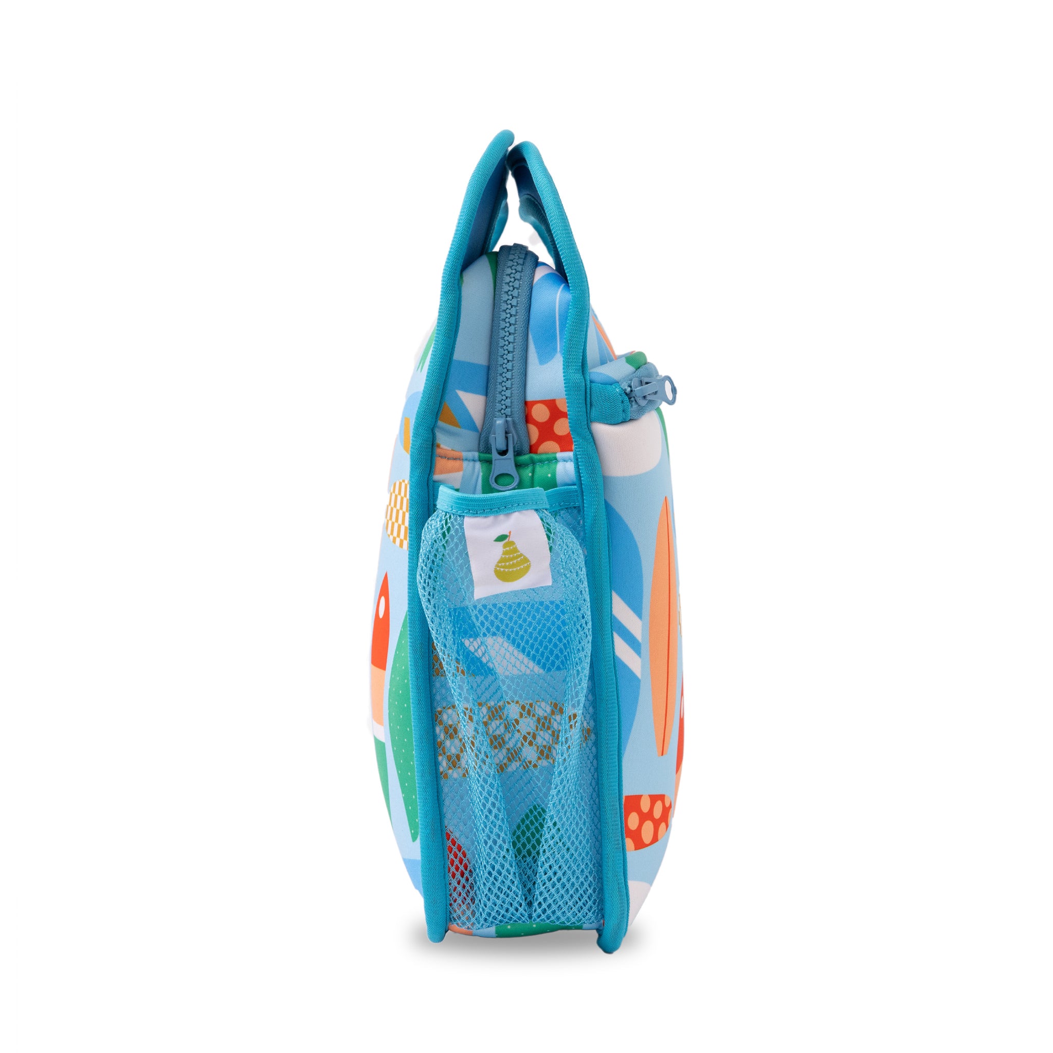 retro surfboard print on light blue neoprene background with contrasting bright blue trim and interior 