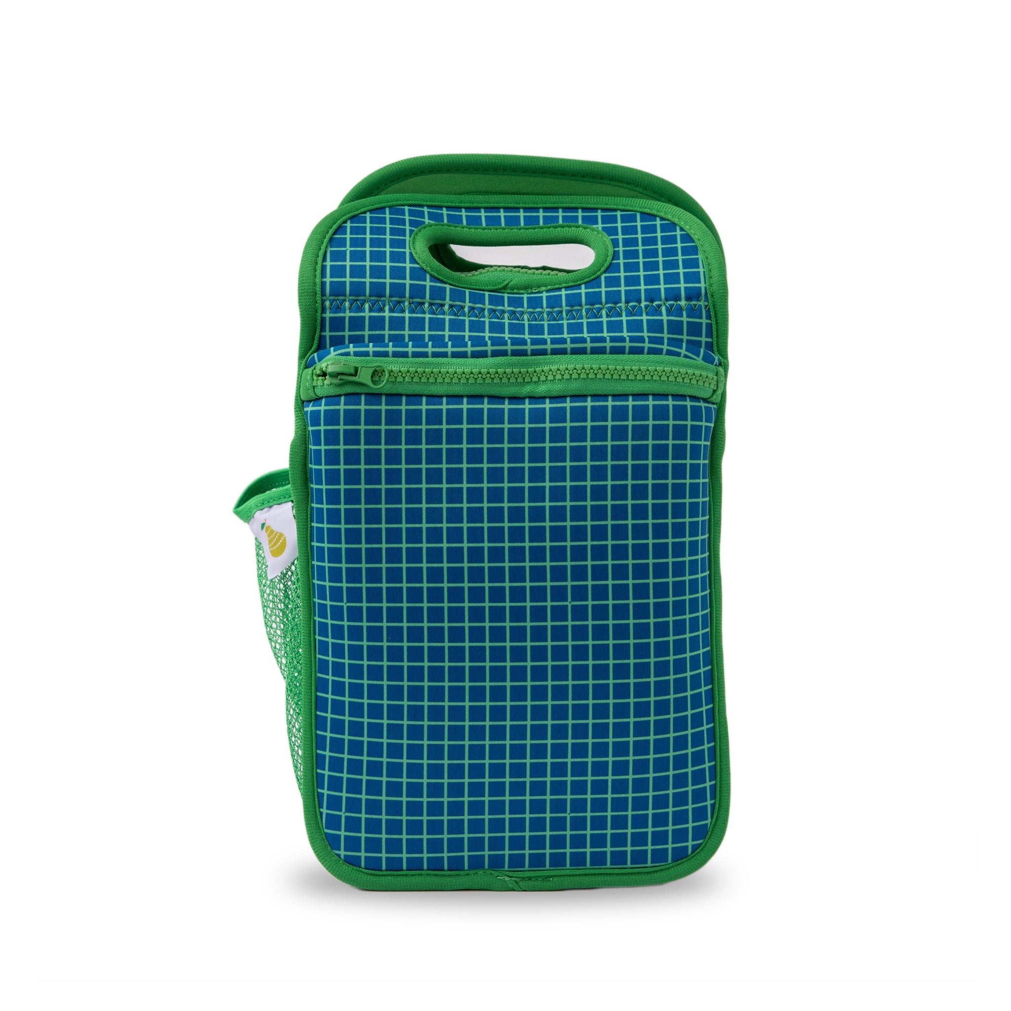 Navy neoprene insulated lunch bag with bright green gridline pattern and interior 