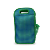 Navy neoprene insulated lunch bag with bright green gridline pattern and interior 