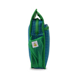 Navy neoprene insulated lunch bag with bright green gridline pattern and interior 