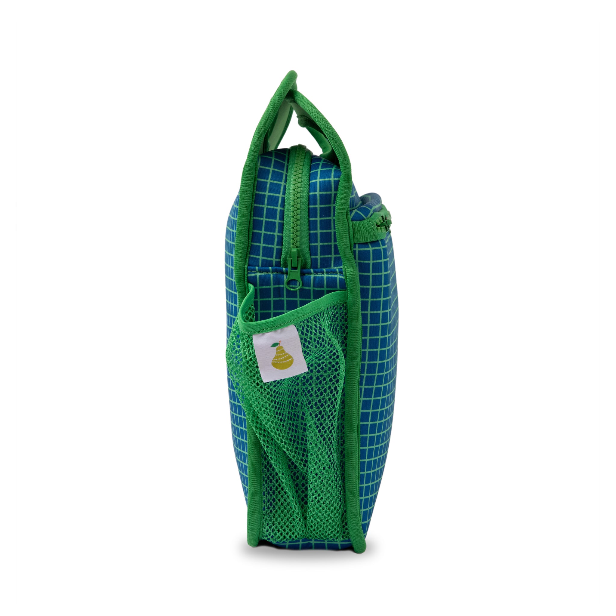 Navy neoprene insulated lunch bag with bright green gridline pattern and interior 