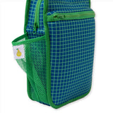 Navy neoprene insulated lunch bag with bright green gridline pattern and interior 