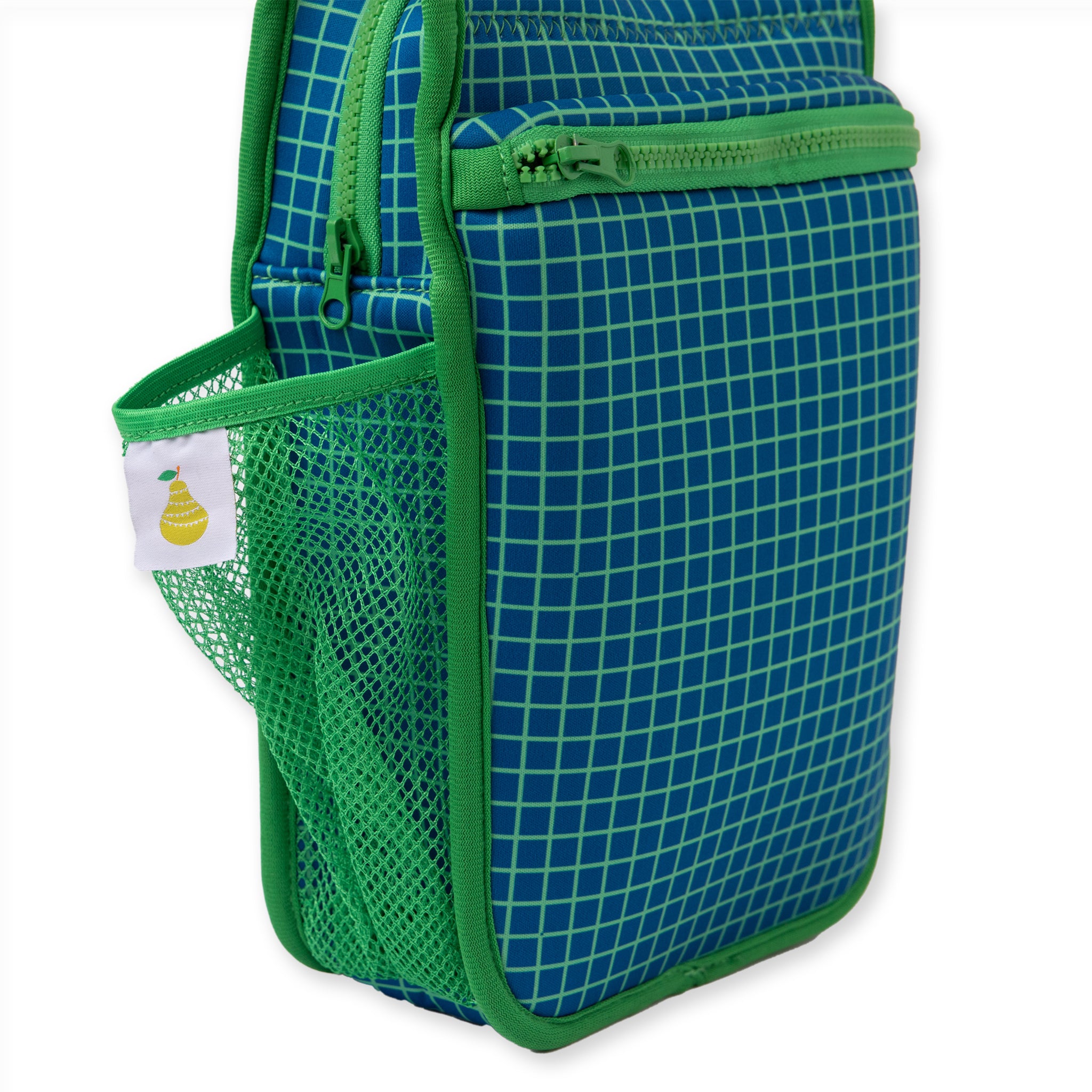 Navy neoprene insulated lunch bag with bright green gridline pattern and interior 