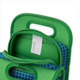 Navy neoprene insulated lunch bag with bright green gridline pattern and interior 