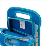 retro surfboard print on light blue neoprene background with contrasting bright blue trim and interior 