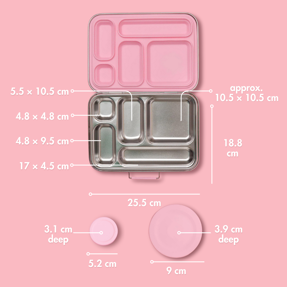 Pink and silver bento box with measurements on a pink background