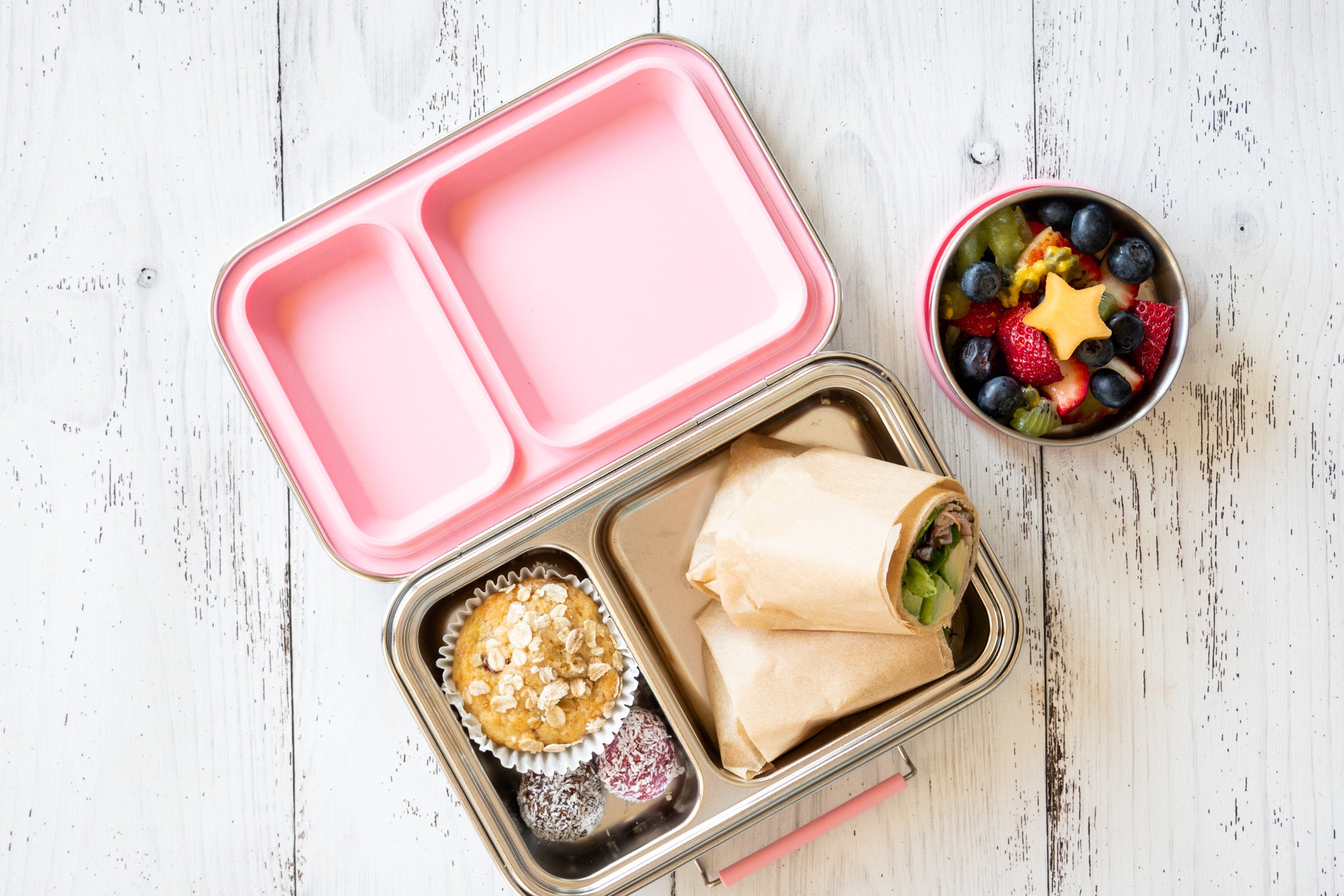 two compartment stainless steel lunch box with pink fizz silicone seal - nudie rudie lunch box
