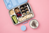 nudie rudie lunch box leak proof stainless steel bento style lunchbox with blue removable silicone seal on lid. comes with 2 additional snack pots