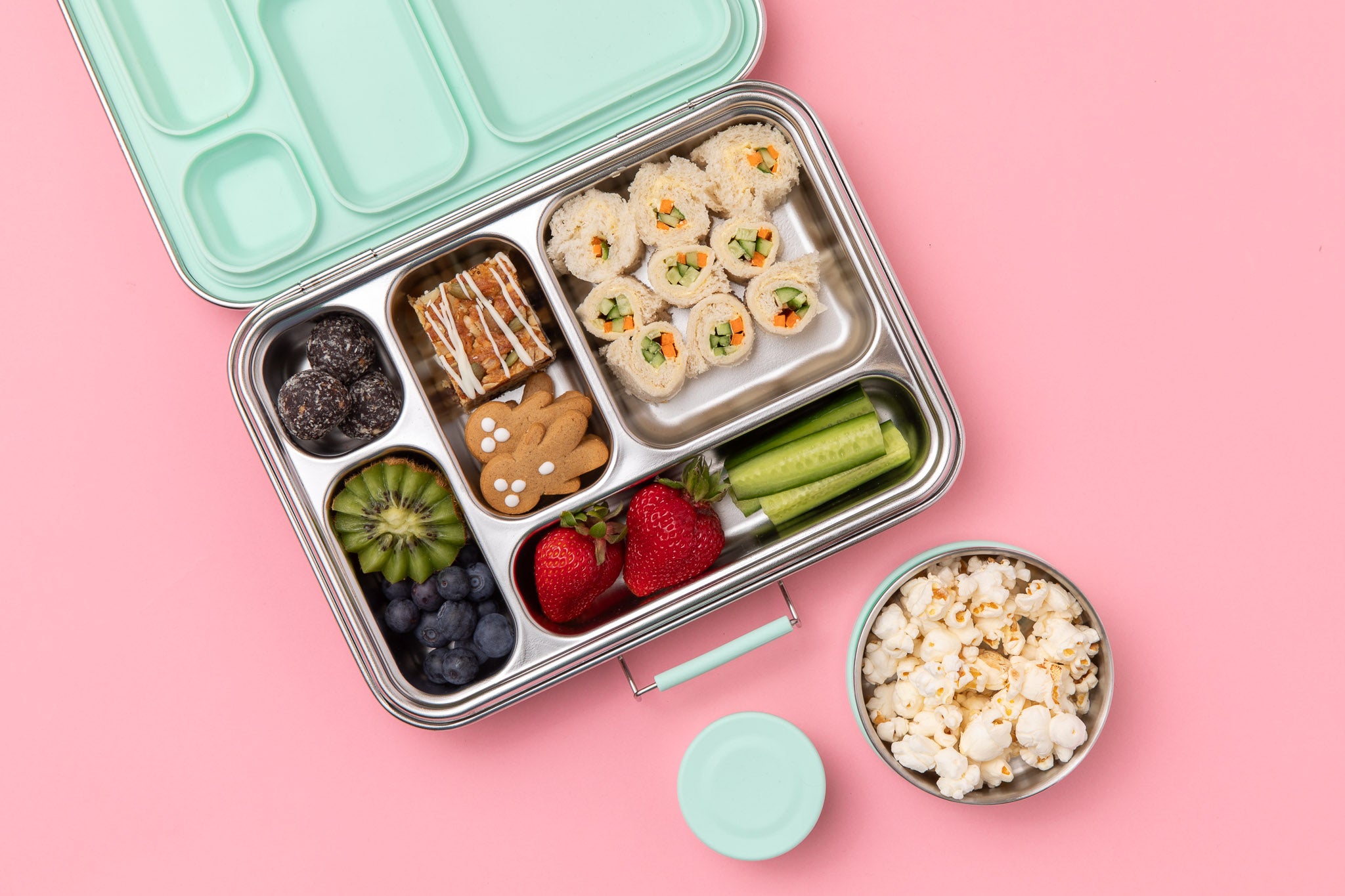 nudie rudie lunch box leak proof stainless steel bento style lunchbox with mint removable silicone seal on lid. comes with 2 additional snack pots