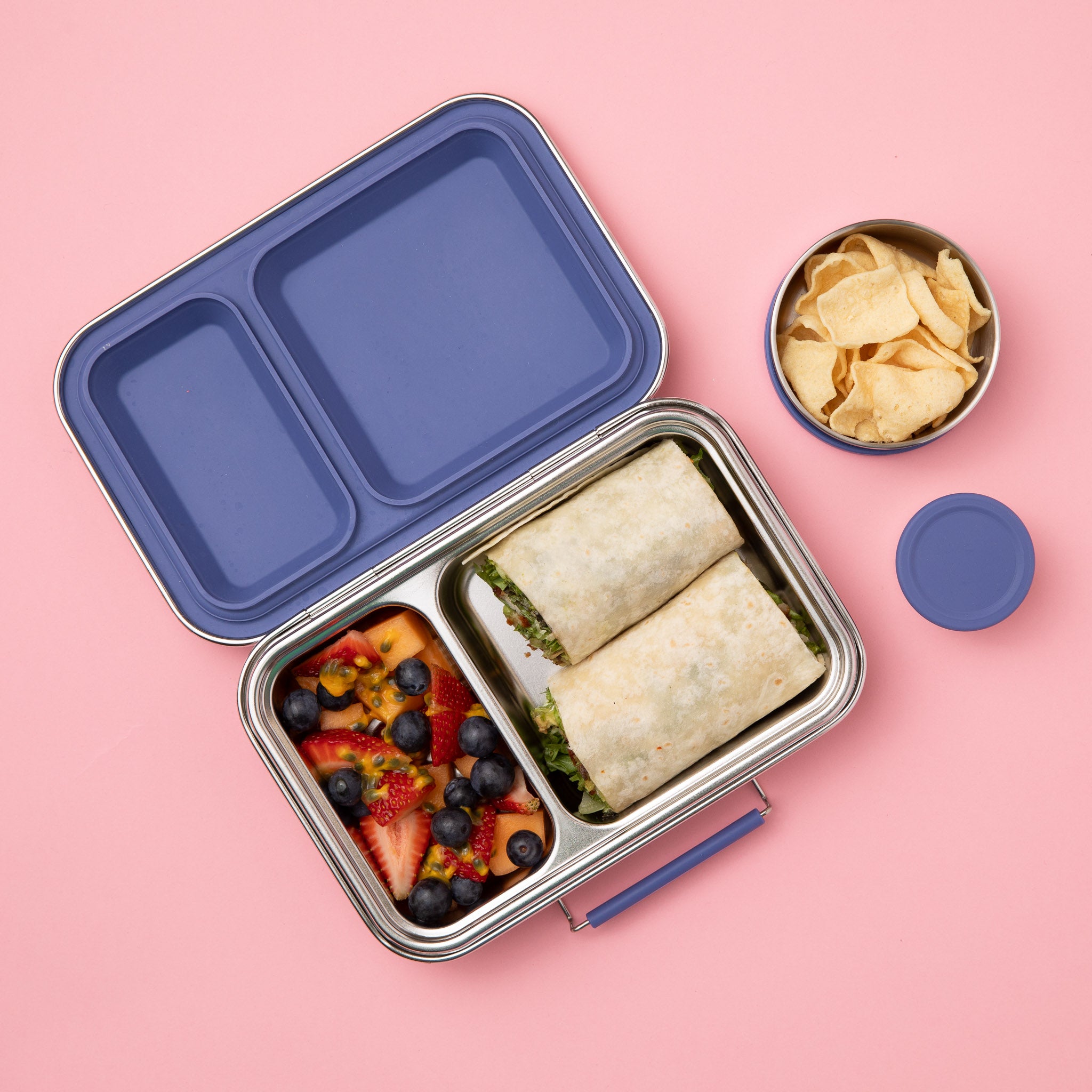 two compartment leak proof stainless steel lunchbox with indigo silicone seals - nudie rudie lunch box