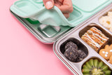 nudie rudie lunch box leak proof stainless steel bento style lunchbox with mint removable silicone seal on lid. comes with 2 additional snack pots