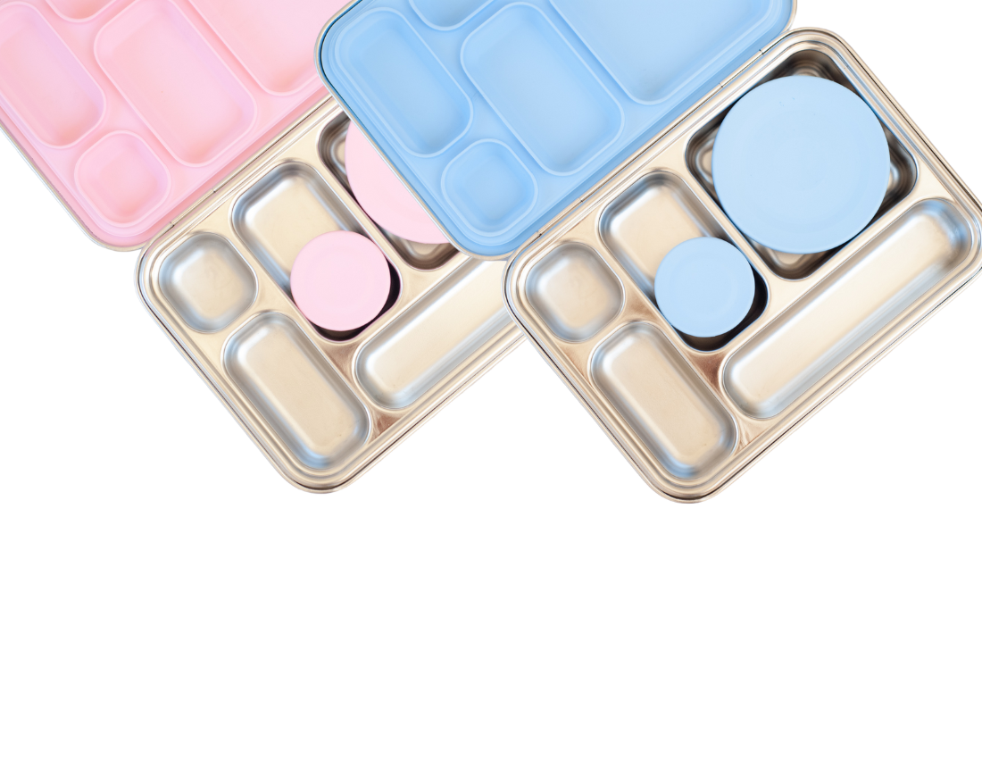 leak proof stainless steel lunch box with pink blue or mint silicone. nudie rudie lunchbox