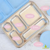 nudie rudie lunch box leak proof stainless steel bento style lunchbox with blue removable silicone seal on lid. comes with 2 additional snack pots