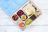 nudie rudie lunch box leak proof stainless steel bento style lunchbox with blue removable silicone seal on lid. comes with 2 additional snack pots