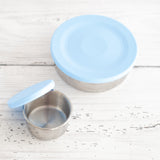 leak proof stainless steel snack container with blue silicone lid. nudie rudie lunch box