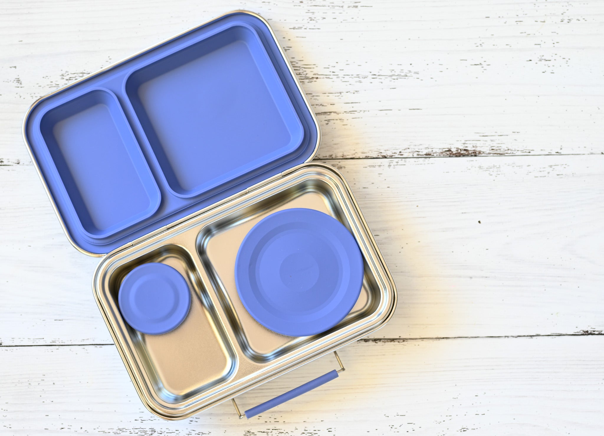 two compartment leak proof stainless steel lunchbox with indigo silicone seals - nudie rudie lunch box